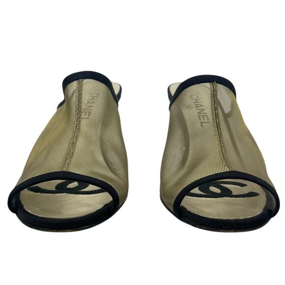 Chanel Mesh Goatskin Pearl Heel Mules Slip On Black Tan Size 37.5C - Picture 4 of 14